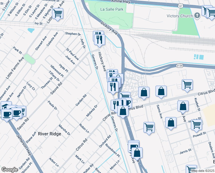 map of restaurants, bars, coffee shops, grocery stores, and more near 2000 Hickory Avenue in Harahan