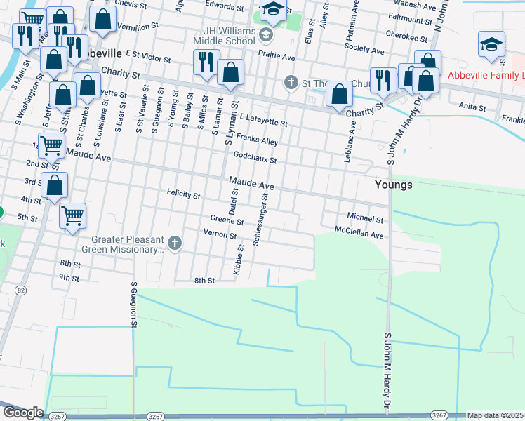 map of restaurants, bars, coffee shops, grocery stores, and more near Schlessinger Street in Abbeville