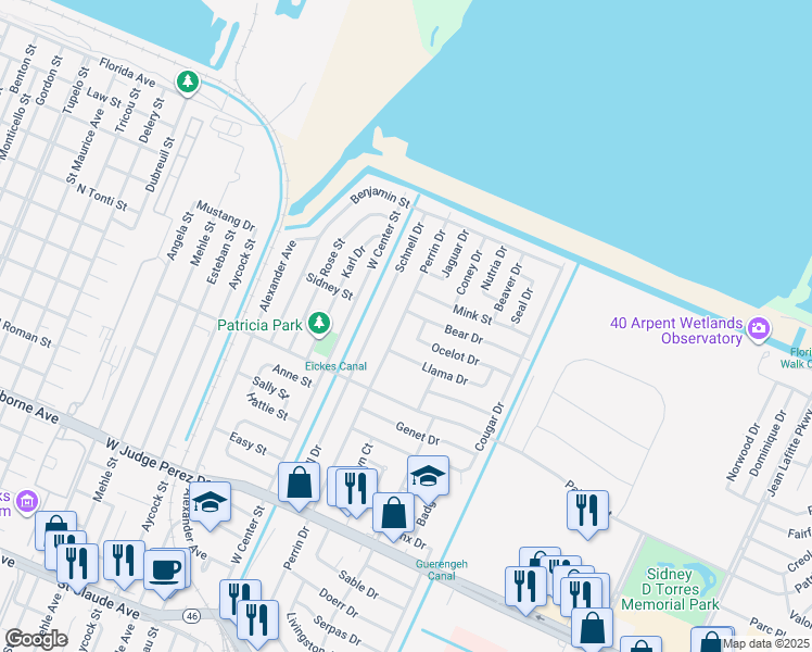 map of restaurants, bars, coffee shops, grocery stores, and more near 117 Bear Drive in Arabi