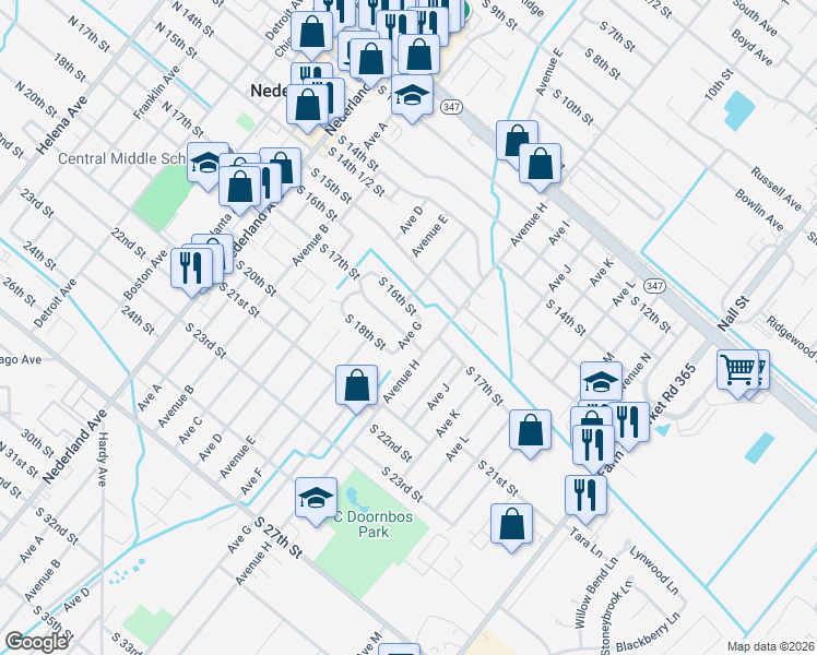 map of restaurants, bars, coffee shops, grocery stores, and more near 719 South 17th Street in Nederland