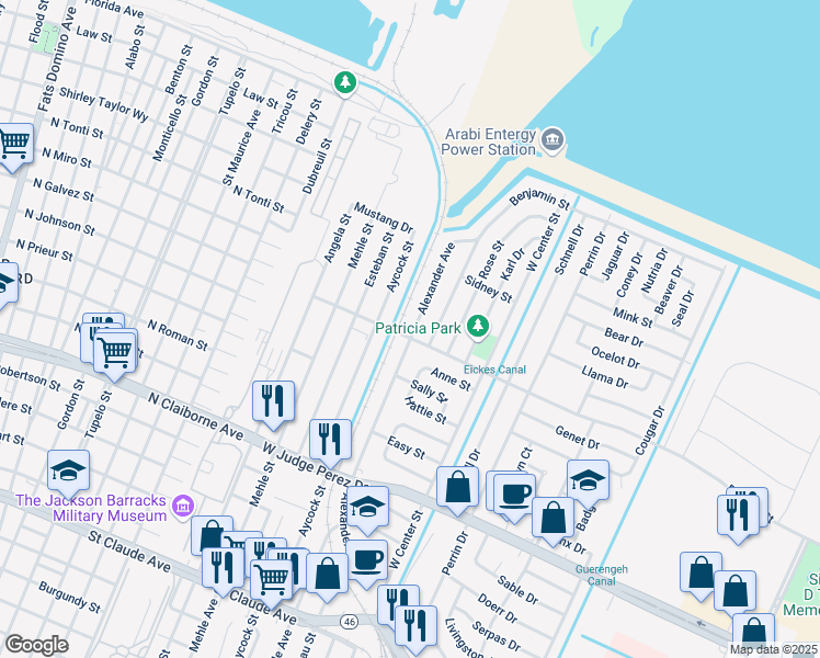 map of restaurants, bars, coffee shops, grocery stores, and more near 1812 Alexander Avenue in Arabi