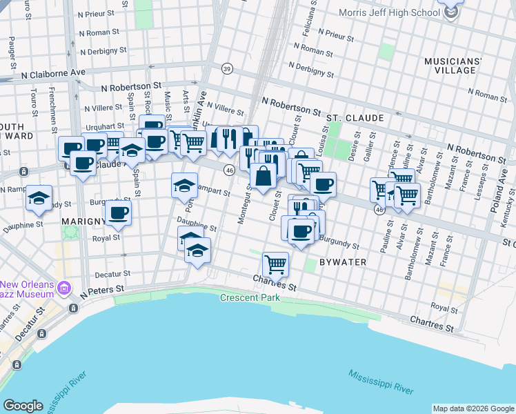 map of restaurants, bars, coffee shops, grocery stores, and more near 3049 North Rampart Street in New Orleans