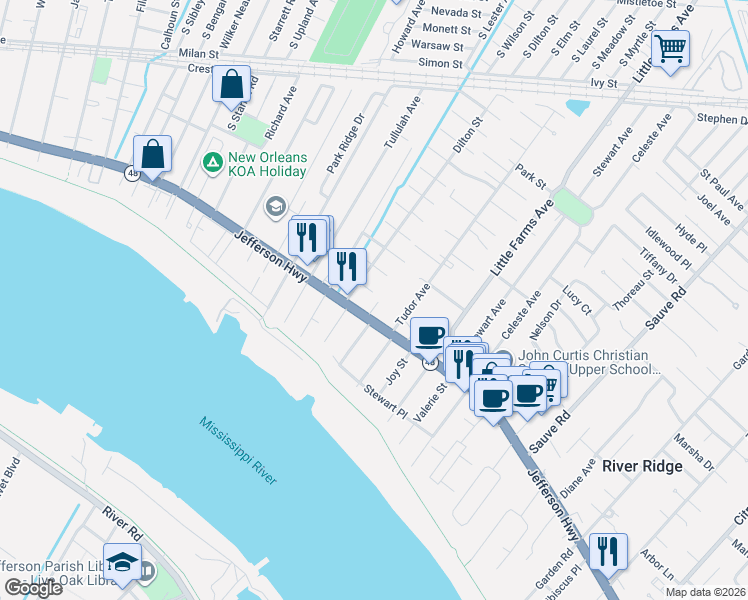 map of restaurants, bars, coffee shops, grocery stores, and more near 10509 Saint Joseph Street in River Ridge