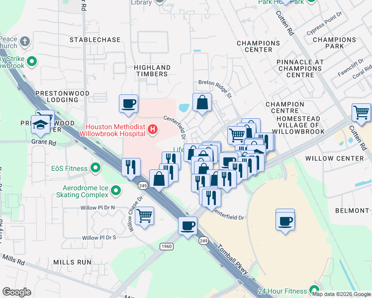 map of restaurants, bars, coffee shops, grocery stores, and more near 1 Versante Court in Houston