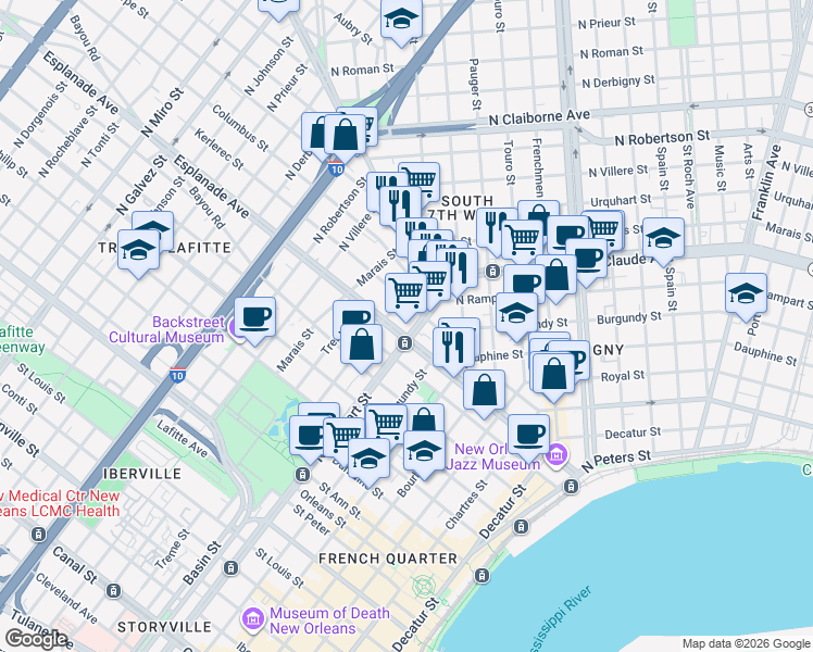map of restaurants, bars, coffee shops, grocery stores, and more near 1137 Esplanade Avenue in New Orleans
