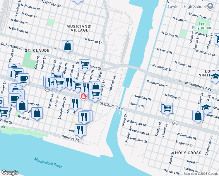 map of restaurants, bars, coffee shops, grocery stores, and more near 1333 Japonica Street in New Orleans