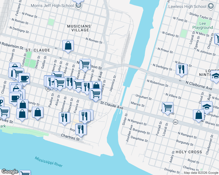 map of restaurants, bars, coffee shops, grocery stores, and more near 1333 Japonica Street in New Orleans
