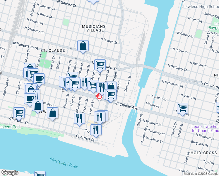 map of restaurants, bars, coffee shops, grocery stores, and more near 4313 Urquhart Street in New Orleans