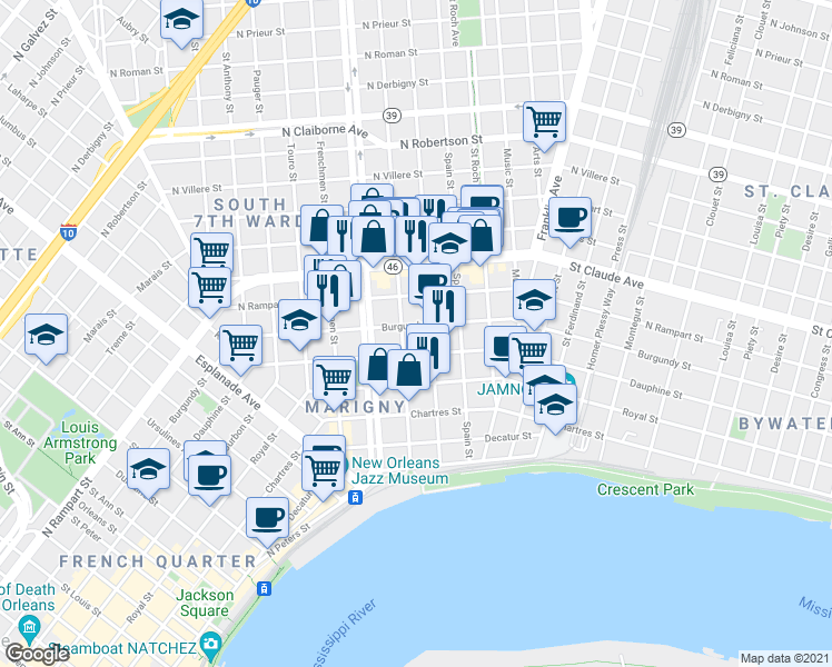 map of restaurants, bars, coffee shops, grocery stores, and more near 912 Marigny Street in New Orleans