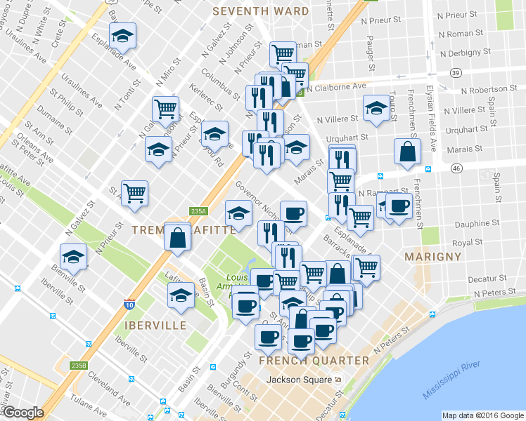 map of restaurants, bars, coffee shops, grocery stores, and more near in New Orleans