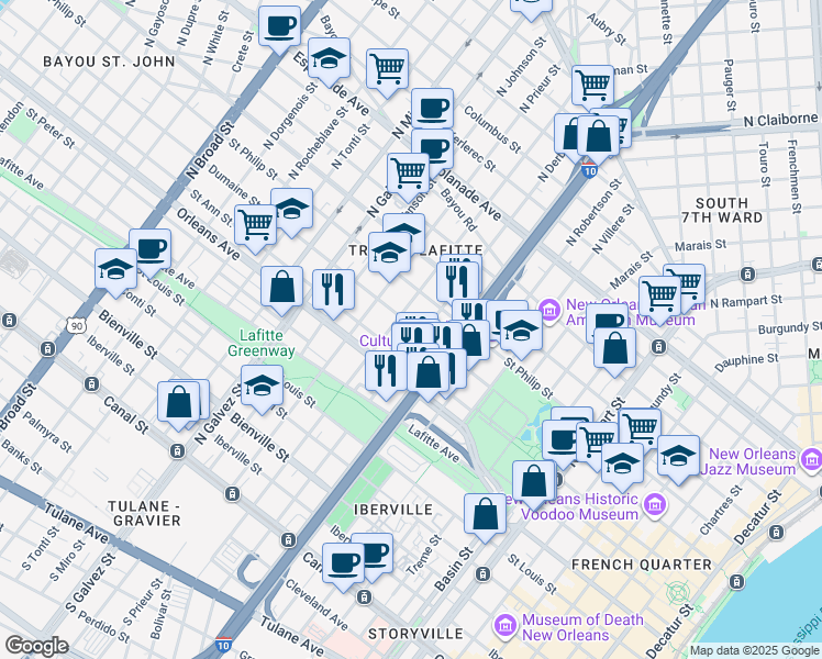 map of restaurants, bars, coffee shops, grocery stores, and more near 1837 Dumaine Street in New Orleans