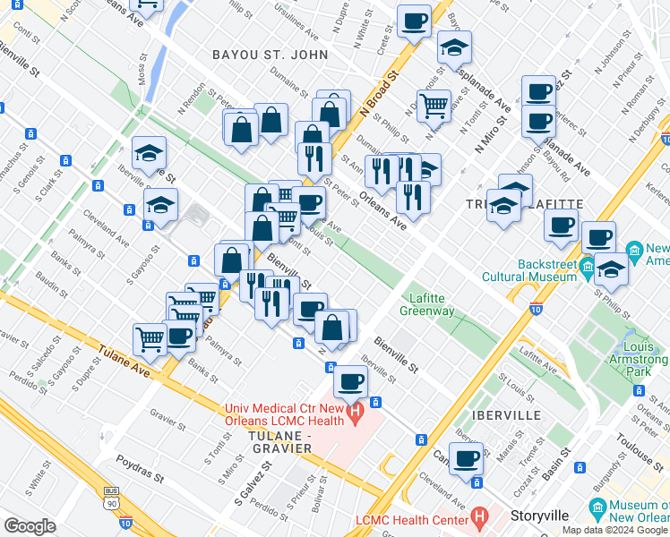 map of restaurants, bars, coffee shops, grocery stores, and more near 2500 Saint Louis Street in New Orleans