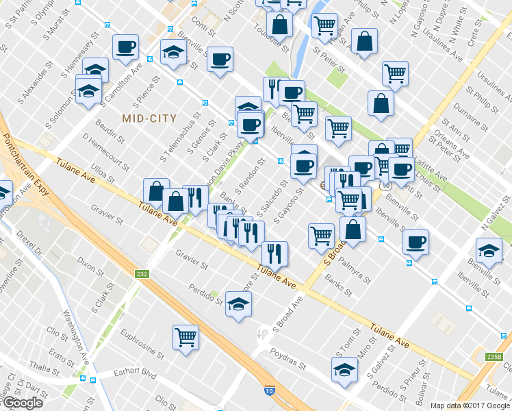 map of restaurants, bars, coffee shops, grocery stores, and more near 3109 Palmyra Street in New Orleans
