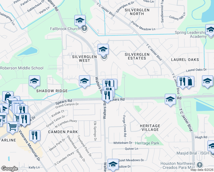 map of restaurants, bars, coffee shops, grocery stores, and more near 12215 Turchin Drive in Houston
