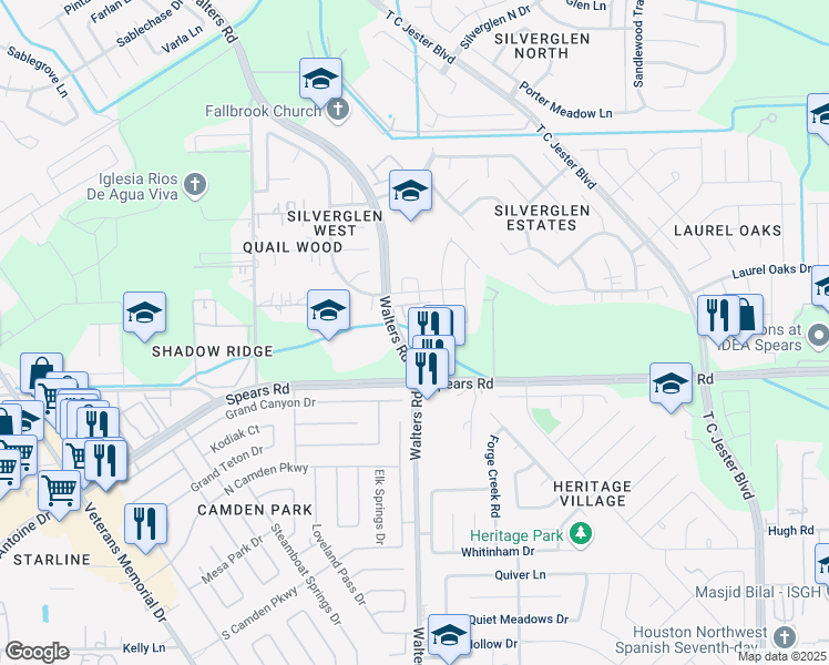 map of restaurants, bars, coffee shops, grocery stores, and more near 12215 Turchin Drive in Houston
