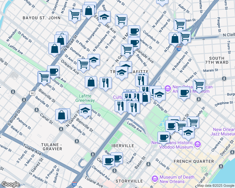 map of restaurants, bars, coffee shops, grocery stores, and more near 1917 Saint Ann Street in New Orleans