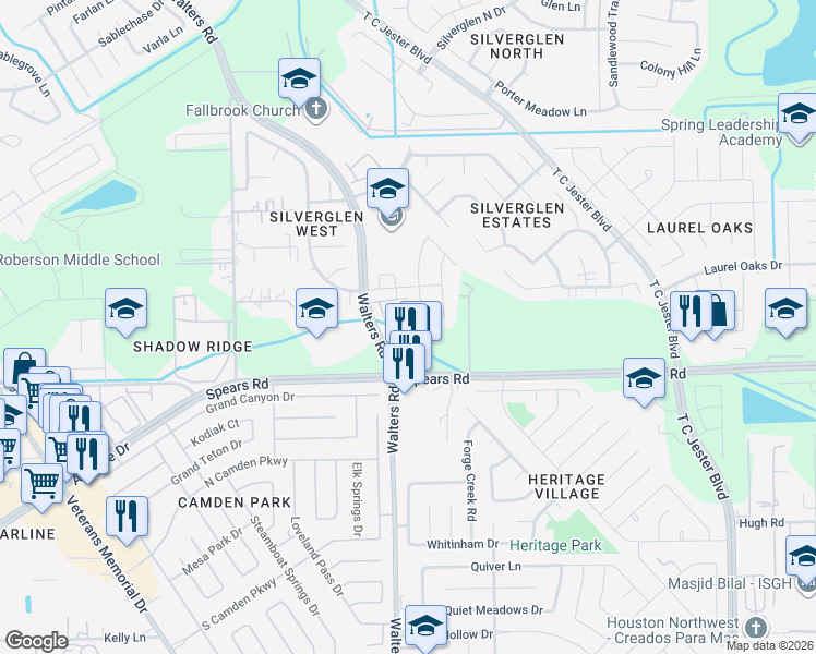 map of restaurants, bars, coffee shops, grocery stores, and more near 12215 Turchin Drive in Houston