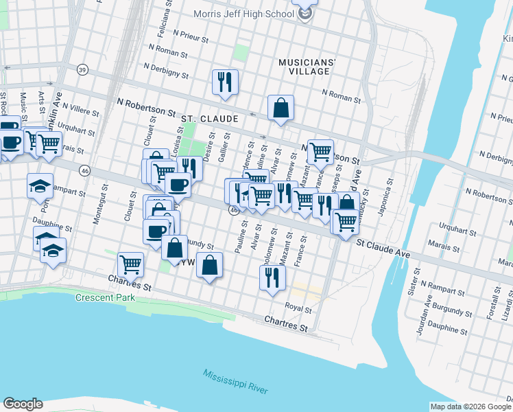 map of restaurants, bars, coffee shops, grocery stores, and more near 3819 Saint Claude Avenue in New Orleans
