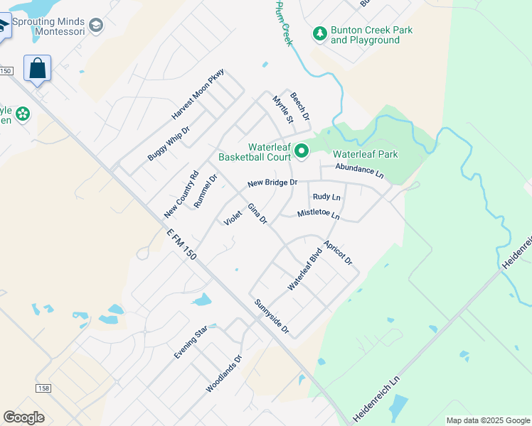 map of restaurants, bars, coffee shops, grocery stores, and more near 151 Cushman Drive in Kyle