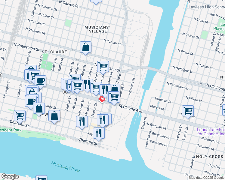 map of restaurants, bars, coffee shops, grocery stores, and more near 4313 Urquhart Street in New Orleans