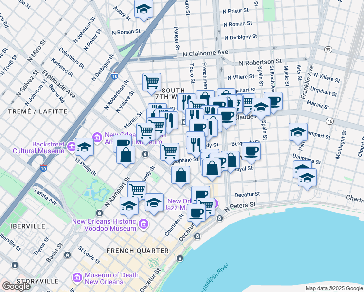 map of restaurants, bars, coffee shops, grocery stores, and more near in New Orleans