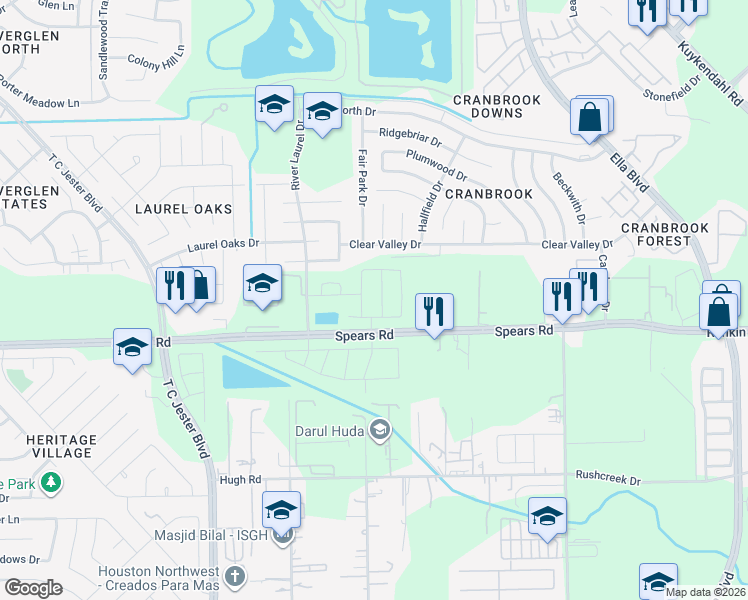 map of restaurants, bars, coffee shops, grocery stores, and more near 12302 Wright Oaks Drive in Houston