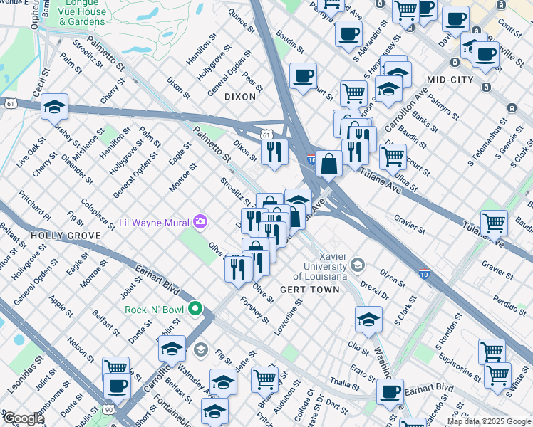 map of restaurants, bars, coffee shops, grocery stores, and more near 8231 Stroelitz Street in New Orleans