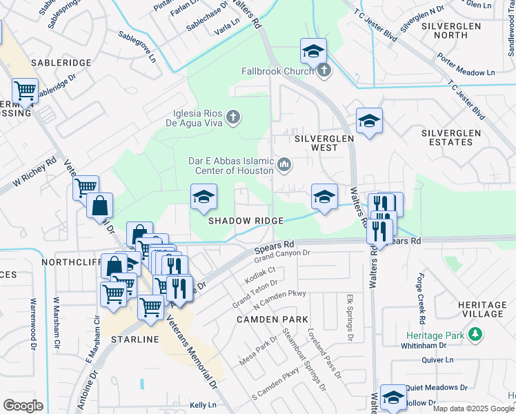 map of restaurants, bars, coffee shops, grocery stores, and more near 12239 Old Walters Road in Houston