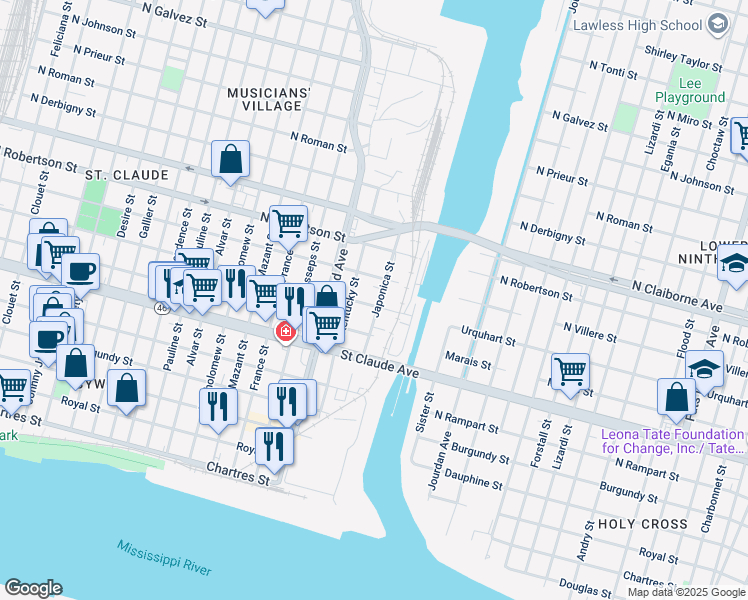 map of restaurants, bars, coffee shops, grocery stores, and more near 1333 Japonica Street in New Orleans