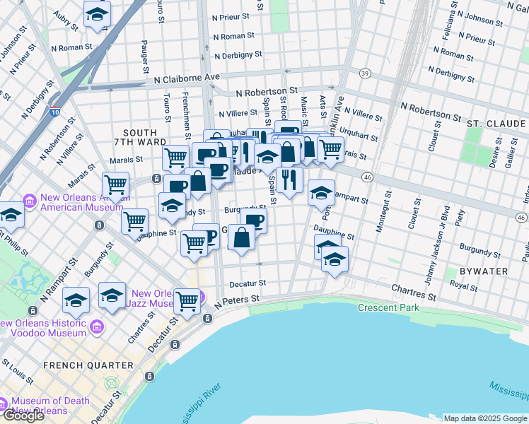 map of restaurants, bars, coffee shops, grocery stores, and more near 909 Mandeville Street in New Orleans