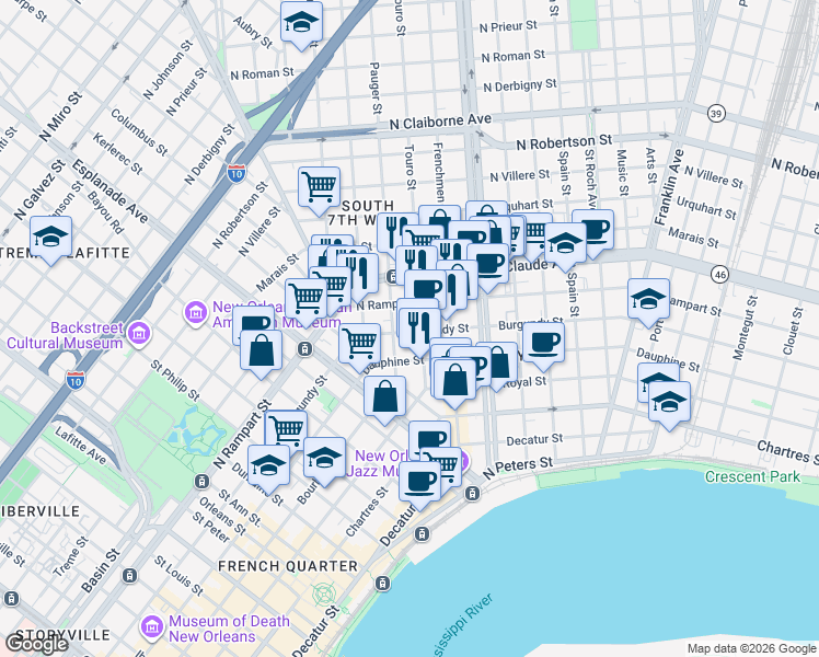 map of restaurants, bars, coffee shops, grocery stores, and more near 1625 Pauger Street in New Orleans