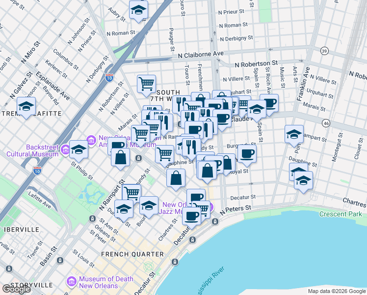 map of restaurants, bars, coffee shops, grocery stores, and more near 1625 Pauger Street in New Orleans