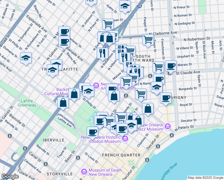 map of restaurants, bars, coffee shops, grocery stores, and more near in New Orleans