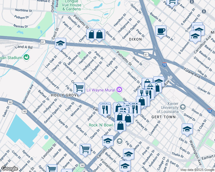 map of restaurants, bars, coffee shops, grocery stores, and more near 3411 Monroe Street in New Orleans