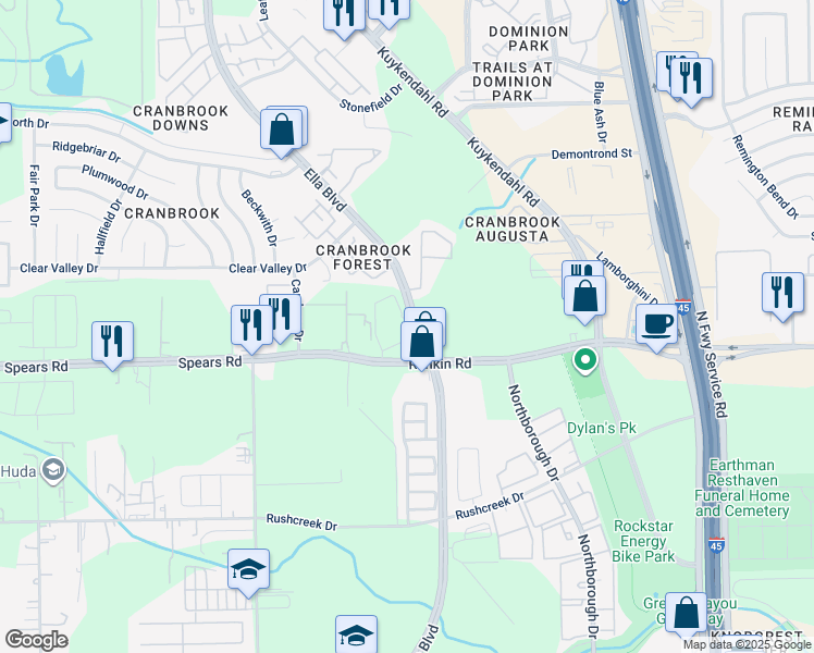 map of restaurants, bars, coffee shops, grocery stores, and more near 13635 Ella Boulevard in Houston