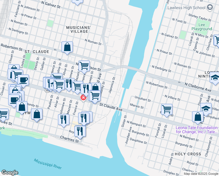 map of restaurants, bars, coffee shops, grocery stores, and more near 1333 Japonica Street in New Orleans