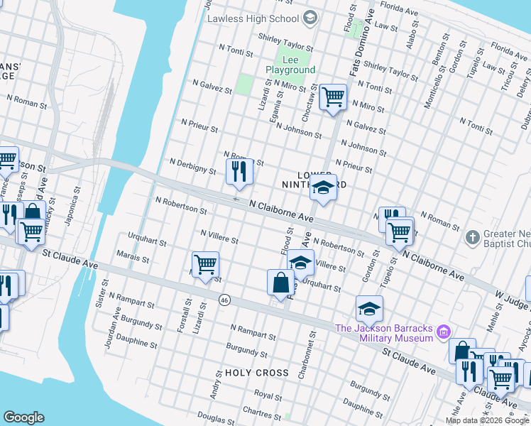 map of restaurants, bars, coffee shops, grocery stores, and more near Andry Street in New Orleans