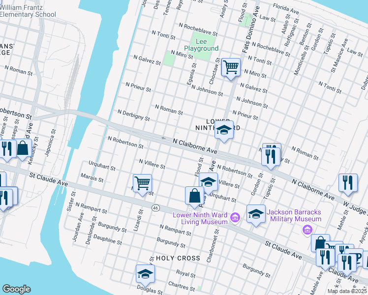 map of restaurants, bars, coffee shops, grocery stores, and more near Andry Street in New Orleans