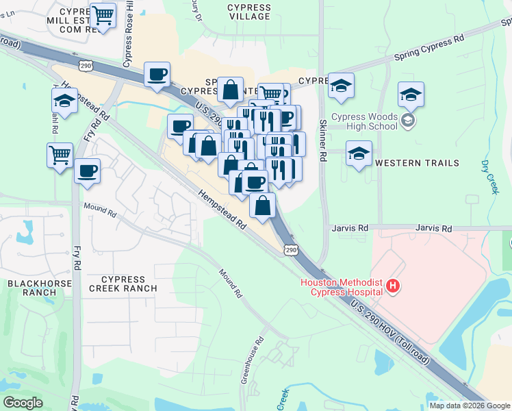 map of restaurants, bars, coffee shops, grocery stores, and more near 25615 U.S. 290 in Cypress