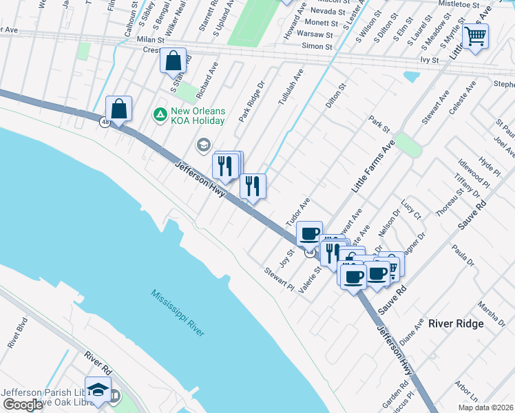 map of restaurants, bars, coffee shops, grocery stores, and more near 208 Dilton Street in River Ridge