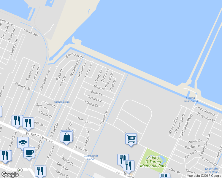 map of restaurants, bars, coffee shops, grocery stores, and more near 121 Seal Drive in Arabi
