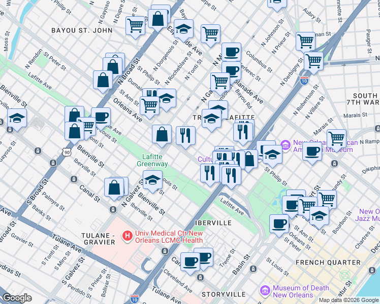 map of restaurants, bars, coffee shops, grocery stores, and more near 2036 Saint Ann Street in New Orleans
