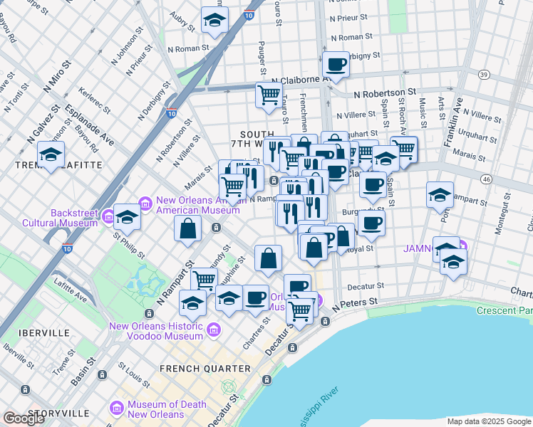 map of restaurants, bars, coffee shops, grocery stores, and more near 1829 Burgundy Street in New Orleans