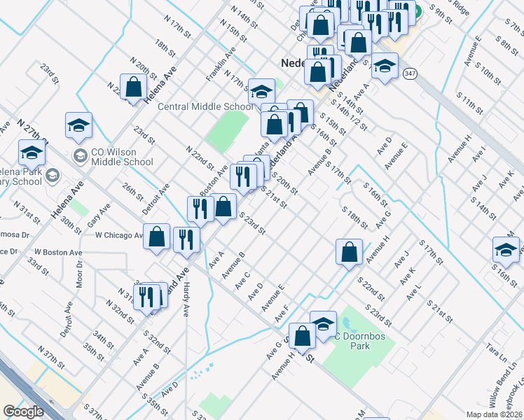 map of restaurants, bars, coffee shops, grocery stores, and more near 216 South 21st Street in Nederland