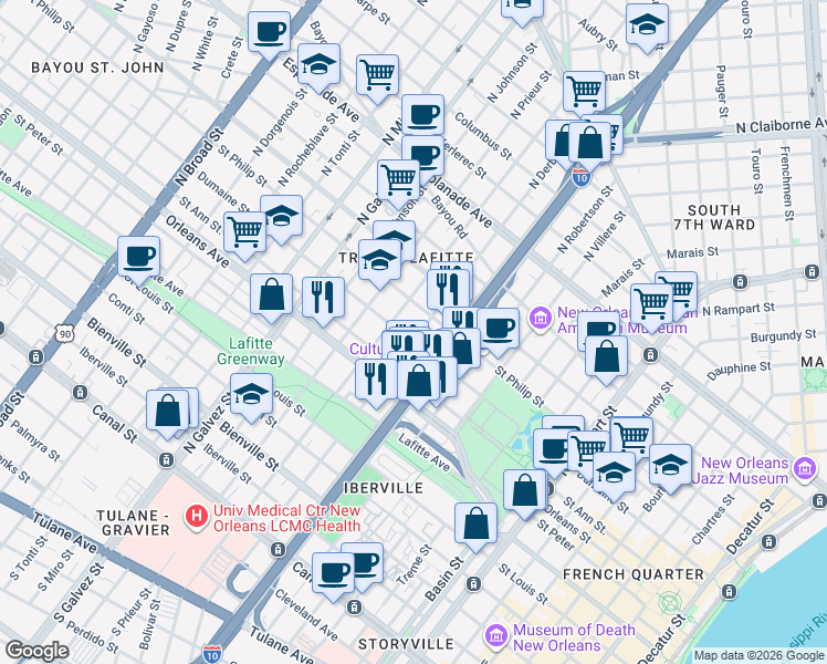 map of restaurants, bars, coffee shops, grocery stores, and more near 1837 Dumaine Street in New Orleans