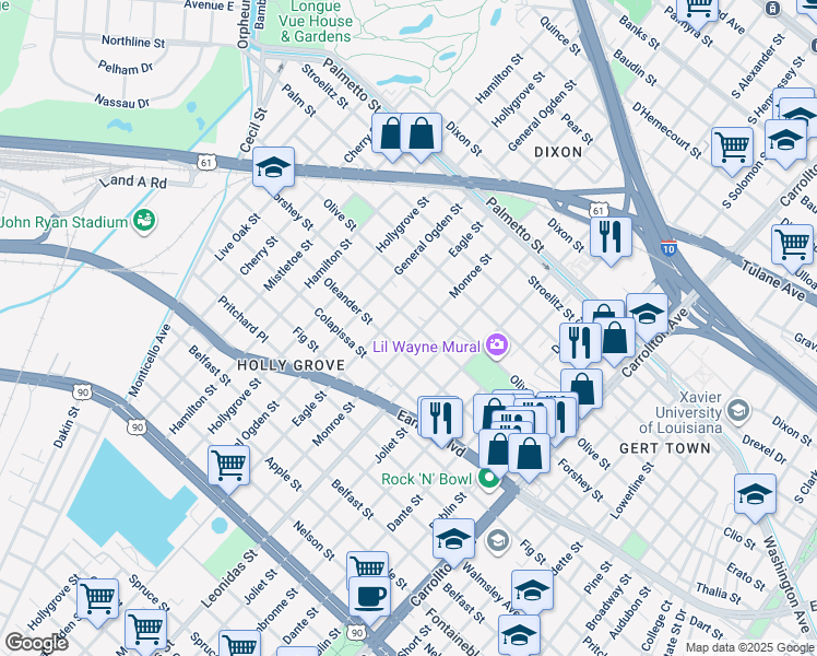 map of restaurants, bars, coffee shops, grocery stores, and more near 8708 Forshey Street in New Orleans