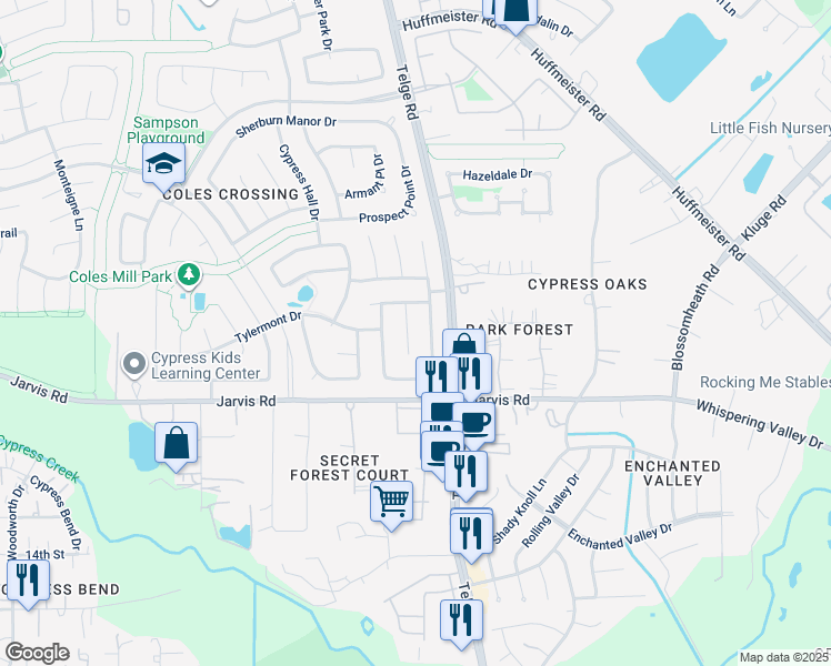 map of restaurants, bars, coffee shops, grocery stores, and more near 13002 Red Laurel Court in Cypress