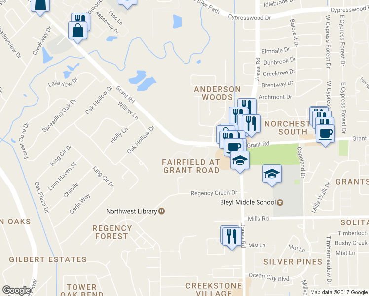 map of restaurants, bars, coffee shops, grocery stores, and more near 11203 Grant Road in Cypress