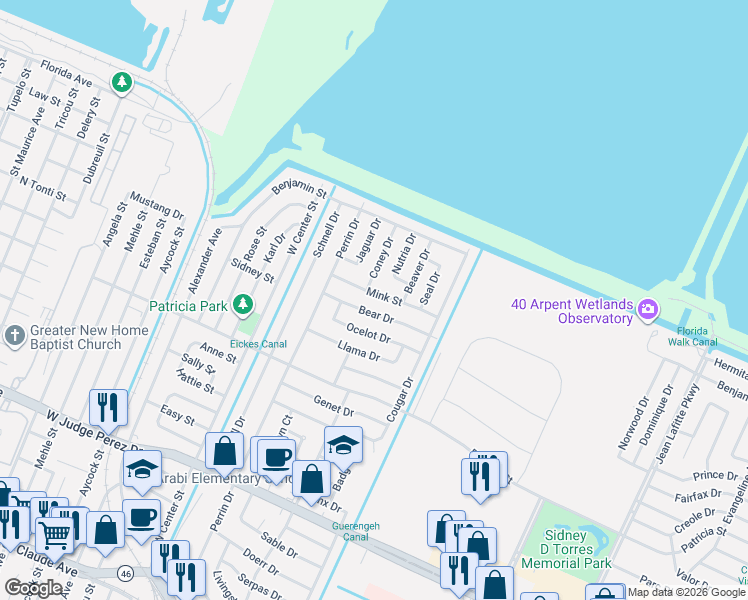 map of restaurants, bars, coffee shops, grocery stores, and more near 100 Coney Drive in Arabi