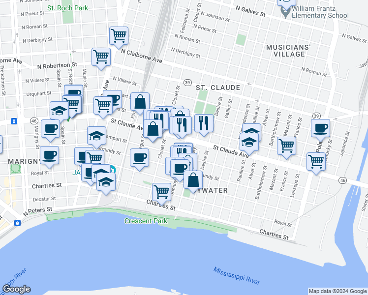 map of restaurants, bars, coffee shops, grocery stores, and more near in New Orleans